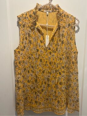 Max Studio Yellow Floral Sleeveless Ruffled Neck Top - large